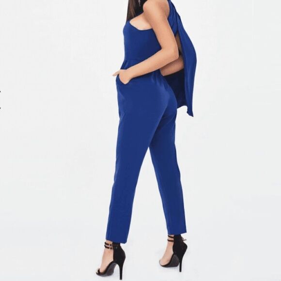 LAVISH Alice One Shoulder Cape Holiday Jumpsuit Navy Blue NWT size 4 Ret $168 - Picture 3 of 5